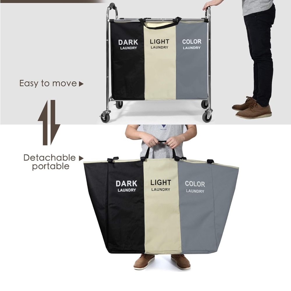 Rolling laundry bin with 3 sections. Gently used but in excellent condition.